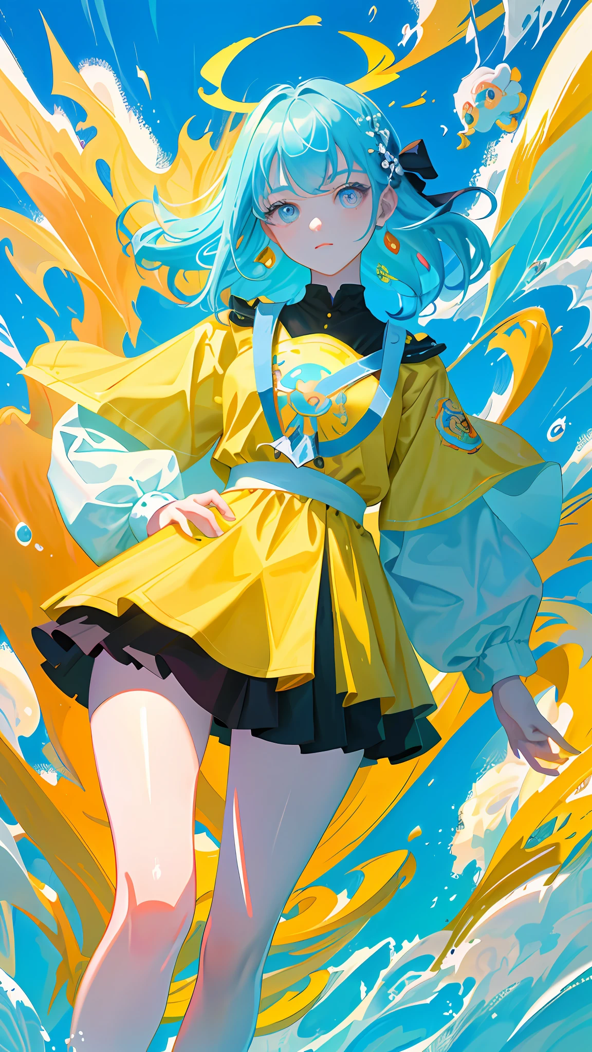 In a (masterpiece) of the (highest quality), an (ultra-detailed) illustration comes to life. The artwork features (1girl), standing (in a fashionable outfit) with a confident stance, while (looking at the viewer), as if in an (interview). Against a (simple background), her (beautifully detailed eyes) steal the spotlight, exuding charm and depth. With (flawless beauty) and a vibrant color palette, the artwork is (highly saturated), creating a captivating visual experience. Colorful splashes and a floating bubble add a touch of whimsy, while a (bright) glow accentuates the focus on her face. The attention to detail in this illustration is truly (remarkable).