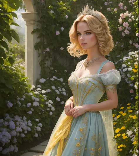 (cinematic photo:1.3) of (masterpiece:1.3) a portrait of a (belle) princess woman beautiful, dress crystal crystallized yellow p...