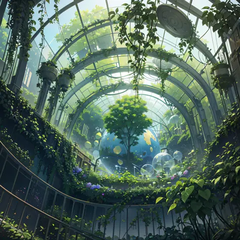HDR, 8K, Stunning view of an overgrown layered spherical glass house, a futuristic house covered in plants, hanging vines, standing inside a huge spherical room, exterior, pastel colors, Pixar rendering, cinematic smoothness, intricate details --auto --s2