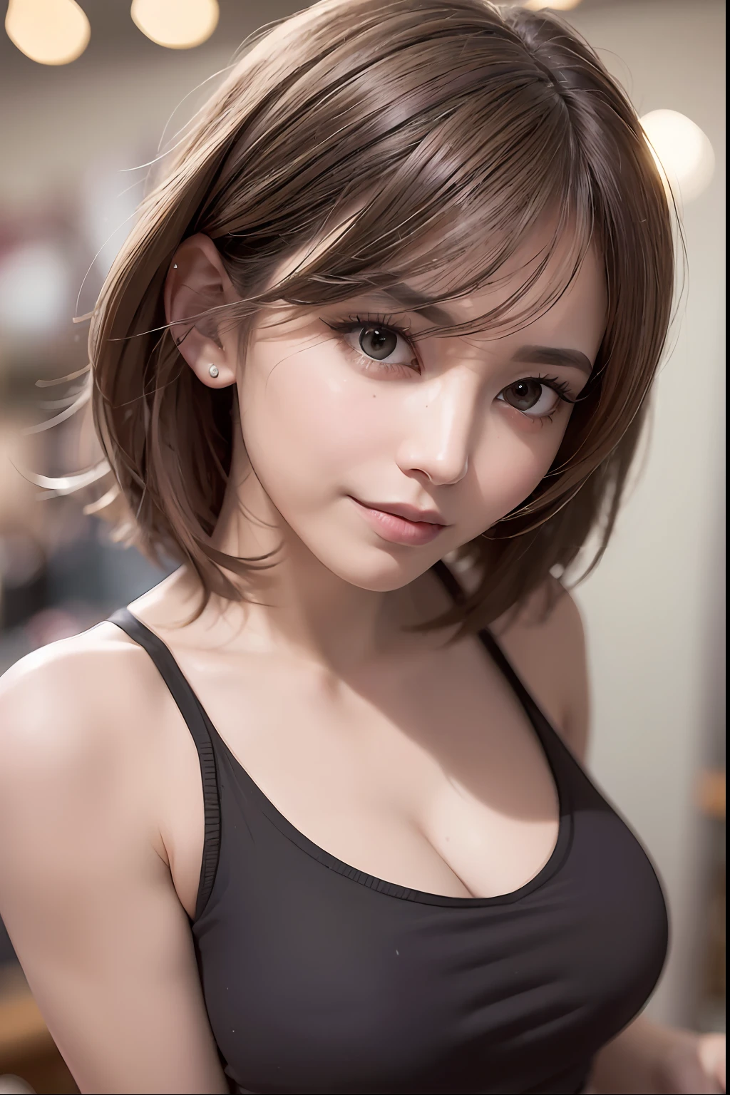 ((top quality, 8k, Masterpiece, Sharp focus, 35mm lens, f/0.8, amazing beautiful perfect figure :1.4)), under lighting, ((natural medium breasts )), ( tank top:1.2),mesh cardigan, (market background:1.2), Highly detailed face and skin texture:1.2, Detailed black eyes:1.2, super detailed skin, shiny skin:1.2, Grinning , beautiful detailed makeup:1.2, high-fidelity bangs, light brown medium cut random hairstyle, from below, looking at viewer, inverted triangle face