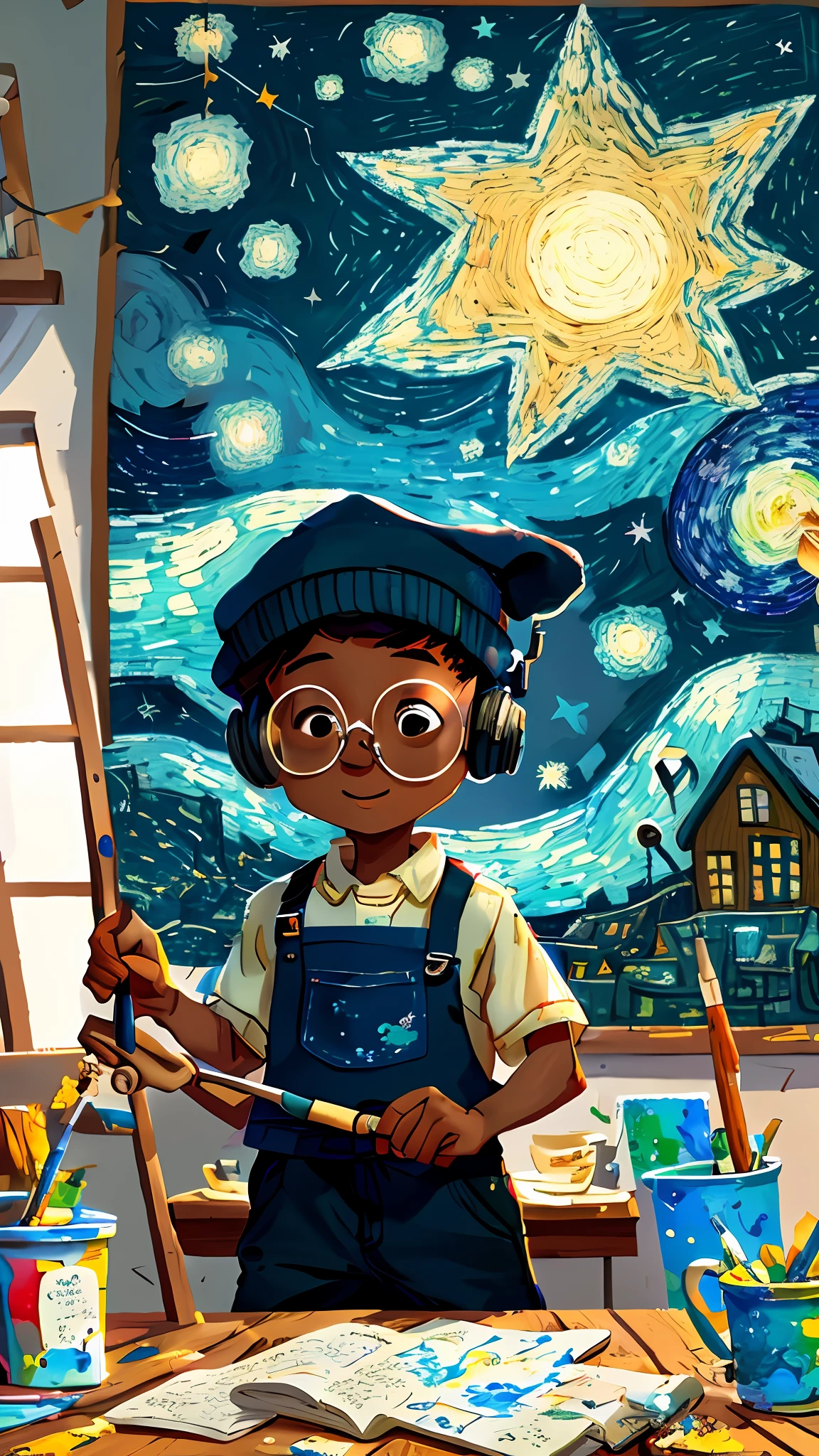 Cartoon boy painting a starry night with a paintbrush - SeaArt AI