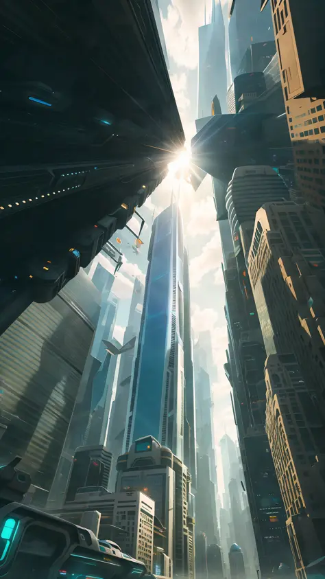 Bustling futuristic cityscape with skyscrapers and hovercars in between. Sunlight shines through the building. Justin Maller's overall tone is lighthearted and whimsical