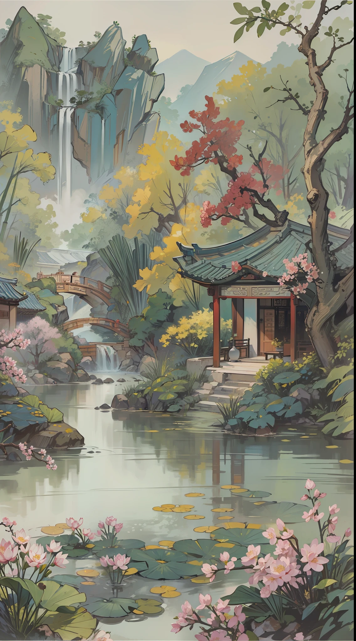 ((Best quality, masterpiece: 1.2)), CG, 8K, intricate details, cinematic perspective, (no one around), (Ancient Chinese garden), pond filled with lotus flowers, rocks, flowers, bamboo forests, waterfalls, wooded areas, small bridges spanning babbling streams, detailed foliage and flowers, (sunlight shining, sparkling waves), peaceful and serene atmosphere, ((soft and elegant colors)), ((exquisitely crafted composition))