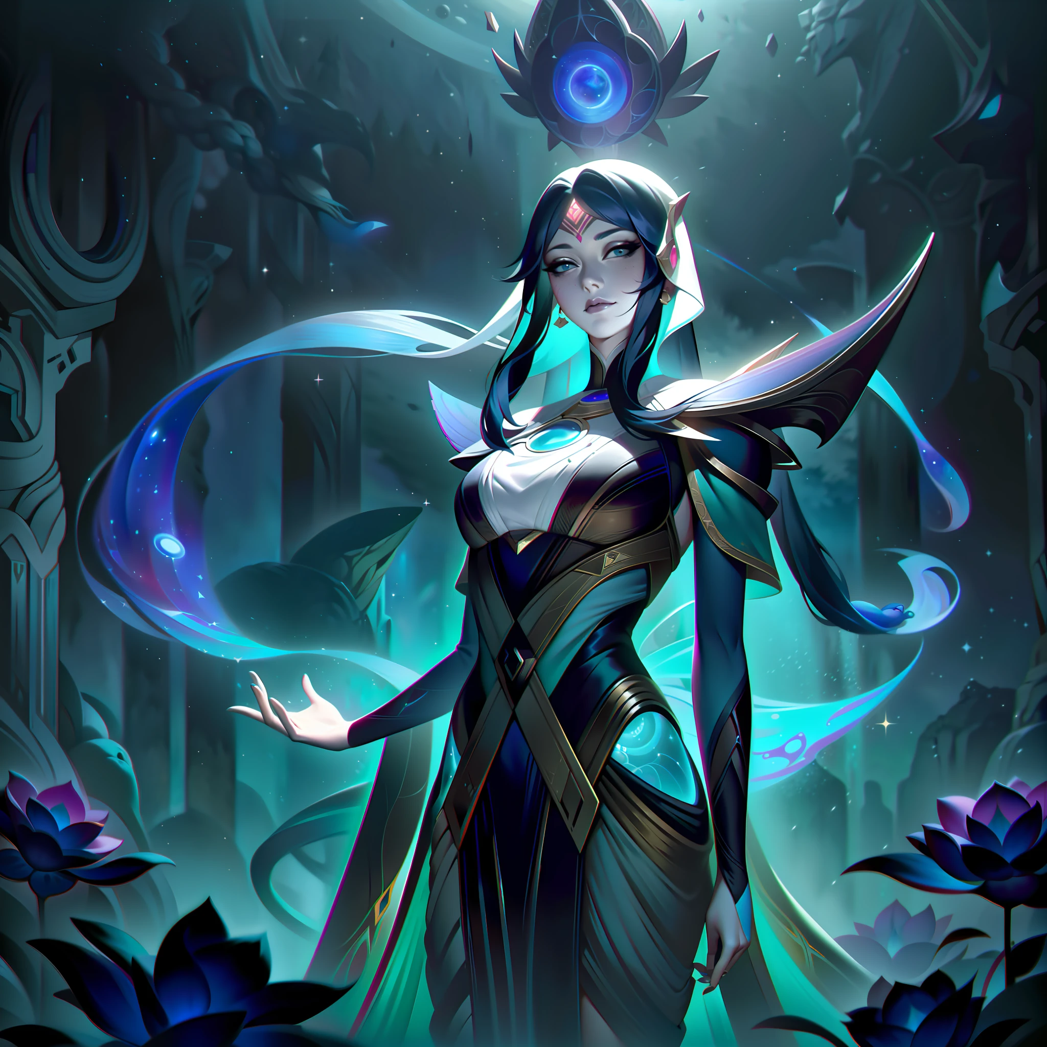 Aelara, la Muse Cosmique, is represented in her Splashart in all her majestic beauty and power. Elle est représentée dans un cadre nocturne, Au coeur d’un cadre verdoyant, forêt enchantée. La pleine lune brille au-dessus d'elle, versant une lueur argentée sur le paysage environnant.
Aelara est une femme à l'apparence éthérée aux longs cheveux argentés qui coulent comme des ruisseaux d'étoiles. Sa peau est pâle et resplendissante, presque translucide, lui donnant une apparence céleste. Elle est vêtue d&#39;une longue, robe fluide, fait de soie noire et orné de motifs complexes de constellations, qui brillent doucement de leur propre lumière.
À travers ses mains délicates et élégantes, Aelara affiche son pouvoir sur la nature. Des rayons de lumière cosmique émanent de vos paumes, formant de belles fleurs et des plantes flottantes autour de vous. Les fleurs sont de toutes les couleurs et de toutes les formes, représentant la diversité et la vie abondante qu'elle contrôle. Certaines d'entre elles sont exotiques et jamais vues auparavant, démontrant leur maîtrise de la nature d'une manière unique.

Les yeux d'Aelara brillent d'une teinte bleue chatoyante, conveyant son charme cysmique et son contrôle magnétique sur les cœurs. Son expression est sereine, mais chargées de mystère et d'une touche de malice, révèle son côté manipulateur.
In the background of the Splashart, au loin, on peut voir d'autres créatures magiques de la forêt, comme les fées et les êtres mythologiques, qui sont attirées par l'énergie cosmique rayonnante d'Aelara.
The Splashart's color palette is predominantly composed of shades of blue and silver, with subtle touches of couleurs vives in the flowers and floating plants around Aelara. L&#39;éclairage est doux et éthéré, renforçant encore son aura divine., Splashart, lignes du corps, couleurs vives, détails exquis, Cinématique, Station artistique, Visage détaillé, par rossdraws, par Kienan Lafferty