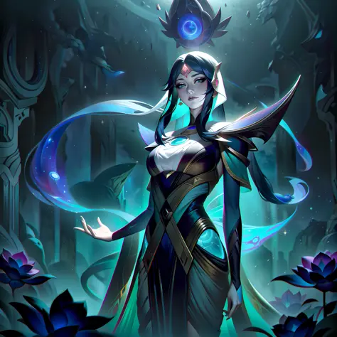 Aelara, the Cosmic Muse, is represented in her splashart in all her majestic beauty and power. She is depicted in a nocturnal se...