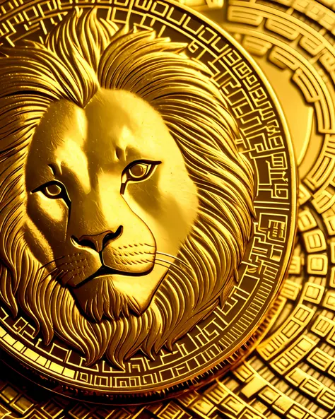 Golden coin with lion's face engraved on it bitcoin type