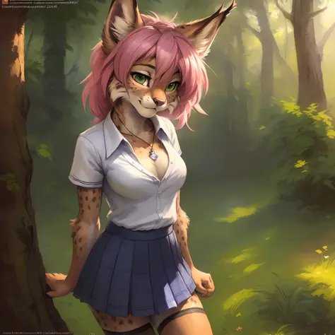 uploaded the e621, beautiful and detailed portrait of a female (((woman))) anthro lynx, kenket, Ross Tran,ruan jia, uploaded to e621, zaush, foxovh, zenematic lighting, seductive, bl, lynx, thighighs, big chest, full body, beautiful, messy hair, pink hair,...