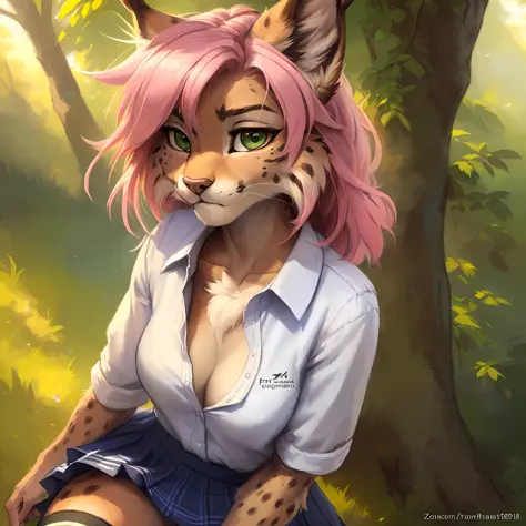 uploaded the e621, beautiful and detailed portrait of a female (((woman))) anthro lynx, kenket, Ross Tran,ruan jia, uploaded to e621, zaush, foxovh, zenematic lighting, seductive, bl, lynx, thighighs, big chest, full body, beautiful, messy hair, pink hair,...