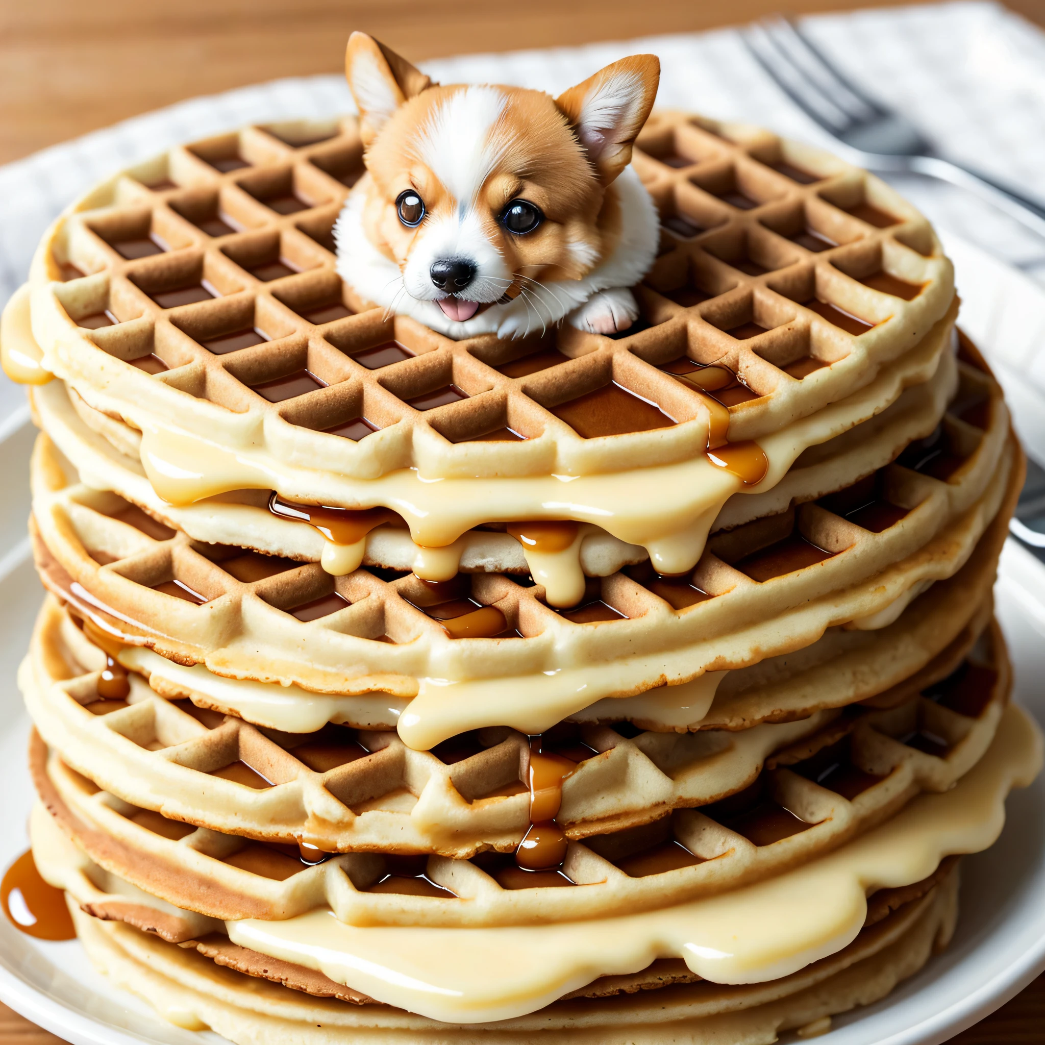 Corgi dog sitting on syrup covered waffles, cute dog, cute animal, oh, cute, kawaii cute dog, corgi, super realistic food pictures, caramel, cute, cute, cute, cute corgi, cute cute, so cute, oh, waffle house, close up, close up - view, kawaii, function, futuristic !!, food for life Cute pancakes