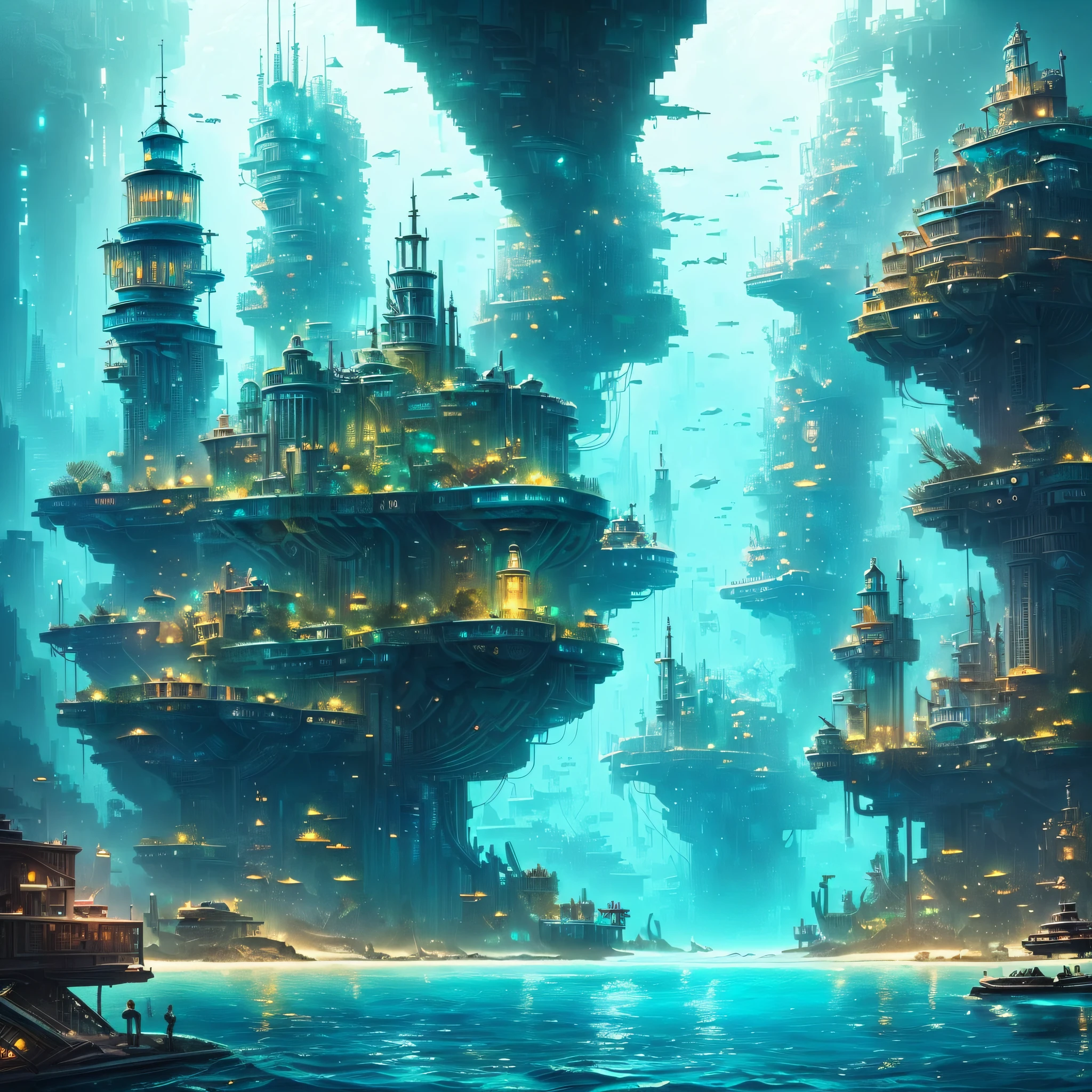 Man back, ((under the sea), many fish around the ocean, (cyberpunk), underwater city, ((masterpiece), magic ocean, scene, game, mysterious, hidden, fantasy, Atlantis, --auto --s2