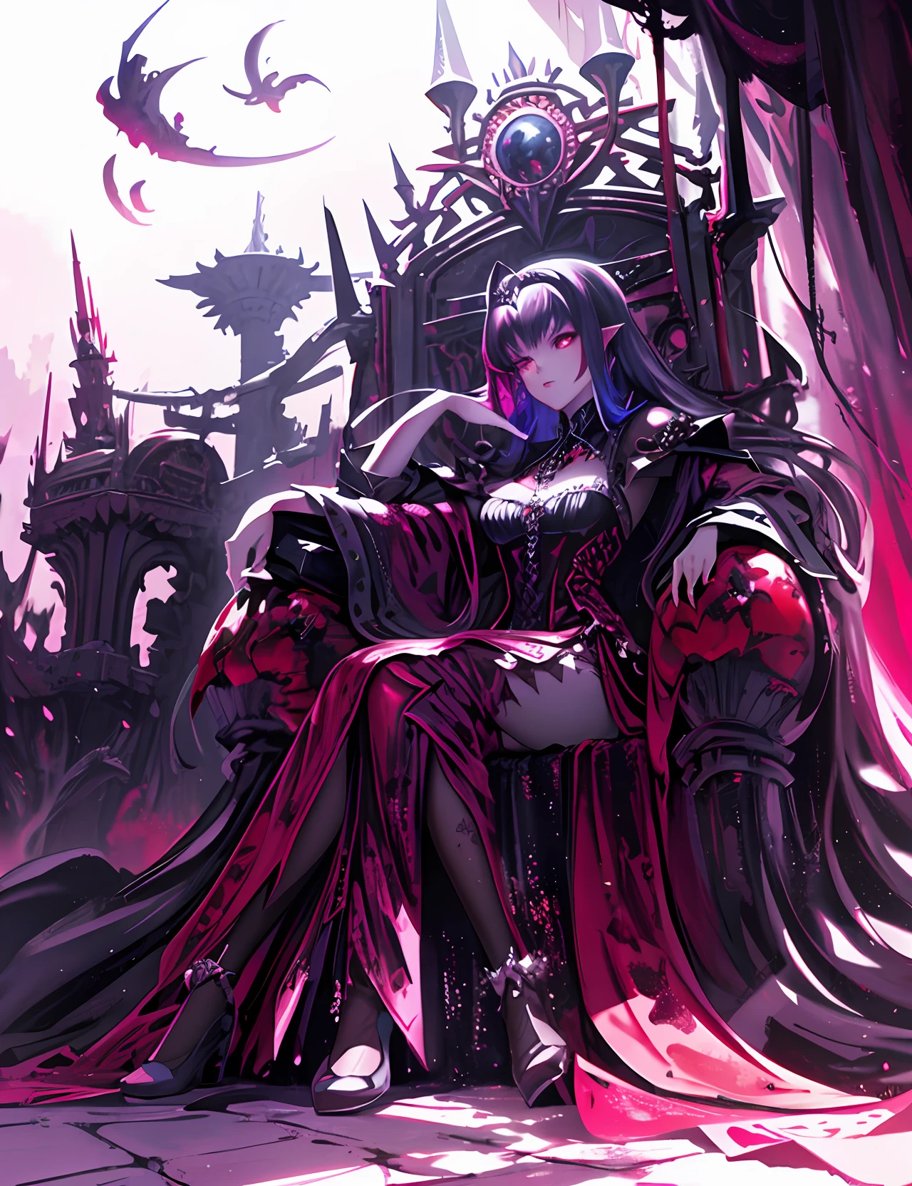 perfectly structured, (watercolor), digital illustration, anime style, dirty, the mysterious (princess of darkness:1.2), sitting on the void throne, chaos reign, evil, villainess, (delicate, sublime:1.2), beautiful beyond words, highly detailed, volumetric lighting, vibrant dark colors, vivid red, dynamic composition, sharp and crisp image, done in photoshop