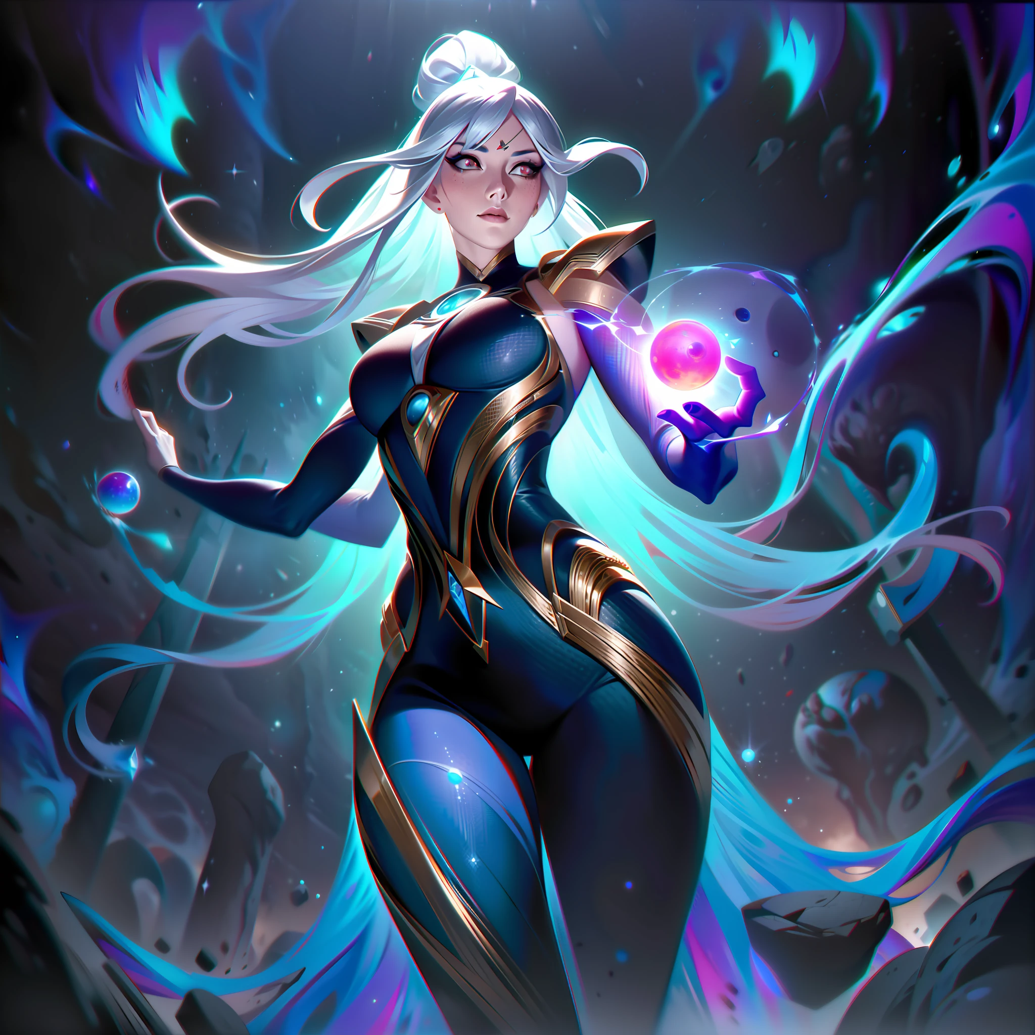 Astrid, le Frondeur Graviton, is depicted in her Splashart as a powerful and enigmatic force, maniant ses capacités de manipulation gravitationnelle avec maîtrise. La scène se déroule dans un royaume céleste, où les étoiles et l&#39;énergie cosmique illuminent l&#39;immensité de l&#39;espace.

Astrid possède une beauté surnaturelle, avec des cheveux flottants blanc argenté qui semblent scintiller avec l&#39;éclat des étoiles lointaines. Sa peau a une légère lueur céleste, rayonnant du pouvoir qu&#39;elle commande. Elle porte une élégante, costume futuriste orné de motifs complexes qui ressemblent à des constellations et des champs gravitationnels. Le costume épouse sa silhouette, mettant l&#39;accent sur sa force et son agilité.

Au centre de ses paumes, Astrid génère des orbes d&#39;énergie gravitationnelle, chacun palpitant de teintes vibrantes de violet et de bleu. Ces orbes d&#39;énergie constituent la base de ses capacités gravitationnelles. L&#39;entourer, orbes et filaments plus petits de rotation et d&#39;orbite énergétiques, représentant les champs gravitationnels qu&#39;elle crée et manipule.

Les yeux d&#39;Astrid émettent un intense, regard perçant, rayonnant de la même énergie gravitationnelle qui la traverse. Son expression exprime à la fois la concentration et la détermination, révélant son contrôle inébranlable sur les forces qu&#39;elle exerce.

The backdrop of the Splashart showcases the vast expanse of space, rempli de galaxies et de nébuleuses lointaines. Des brins éthérés d’énergie gravitationnelle sillonnent le cosmos, former des motifs complexes et relier les corps célestes. La scène crée un sentiment de crainte et d&#39;émerveillement, alors qu&#39;Astrid exploite les forces fondamentales de l&#39;univers.

La palette de couleurs est dominée par des violets profonds, bleus, et les noirs, reflétant la nature cosmique des pouvoirs d&#39;Astrid. Les orbes d&#39;énergie vibrants se détachent sur le fond sombre, adding a dynamic and captivating element to the Splashart, Splashart, lignes du corps, couleurs vives, Détails exquis, cinématographique, Station artistique, visage détaillé, par rossdraws, par Kienan Laf