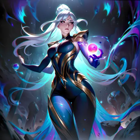Astrid, the Graviton Slinger, is depicted in her splashart as a powerful and enigmatic force, wielding her gravitational manipulation abilities with mastery. The scene takes place in a celestial realm, where stars and cosmic energy illuminate the vastness ...