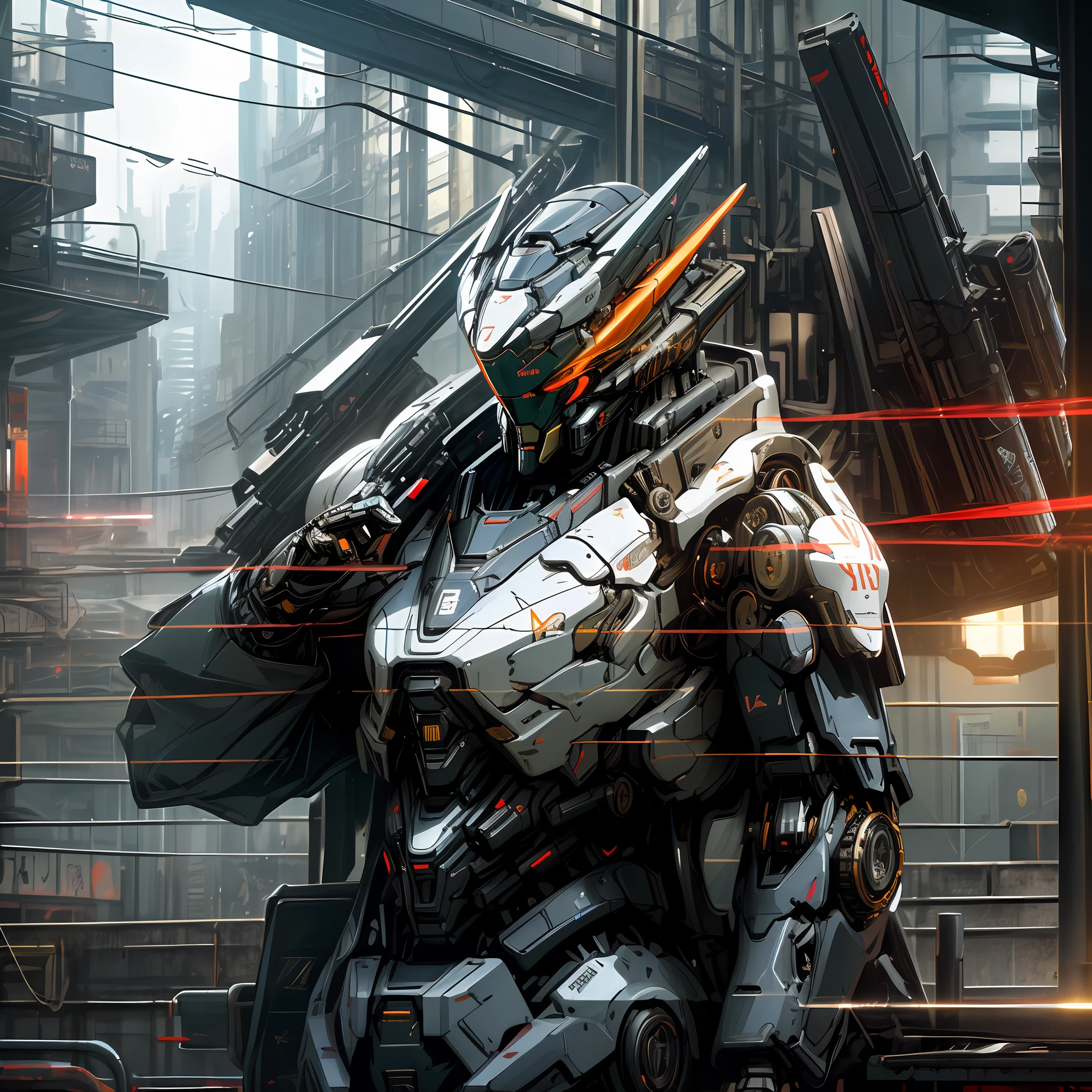 Dark_Fantasy, cyberpunk, (best quality, masterpiece), white, 1 person, mechanical marvel, robot presence, cybernetics guardian, wearing cybernetic jacket, city, highest quality digital art, stunning art, wallpaper 4k, highly detailed, military robot, army, war zone, black and white, highest quality digital art, stunning art, wallpaper 4k, 8k, k, hd, unparalleled masterpiece, dynamic lighting, movie, epic, damaged mechanical parts, Dark Night, Urban Street, Black Mecha, Girl, Mask Covering Eyes, Advanced Picture Quality, More Details, Looking Up, Sense of Premium, Exaggerated Weapons, Mecha Has Female Curves, Cold Style, Sense of Crisis,