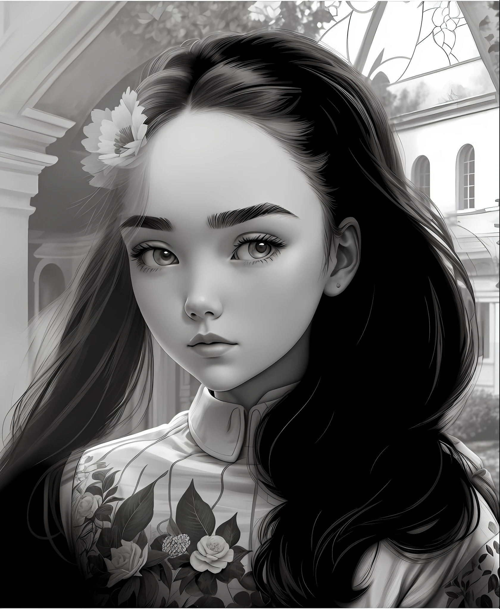 masterpiece, line art of a female character, Florence Pugh shocked expression, detailed country garden background, Art Deco designs,
style by double exposure, no shading, for coloring page, white space, no shadowing,