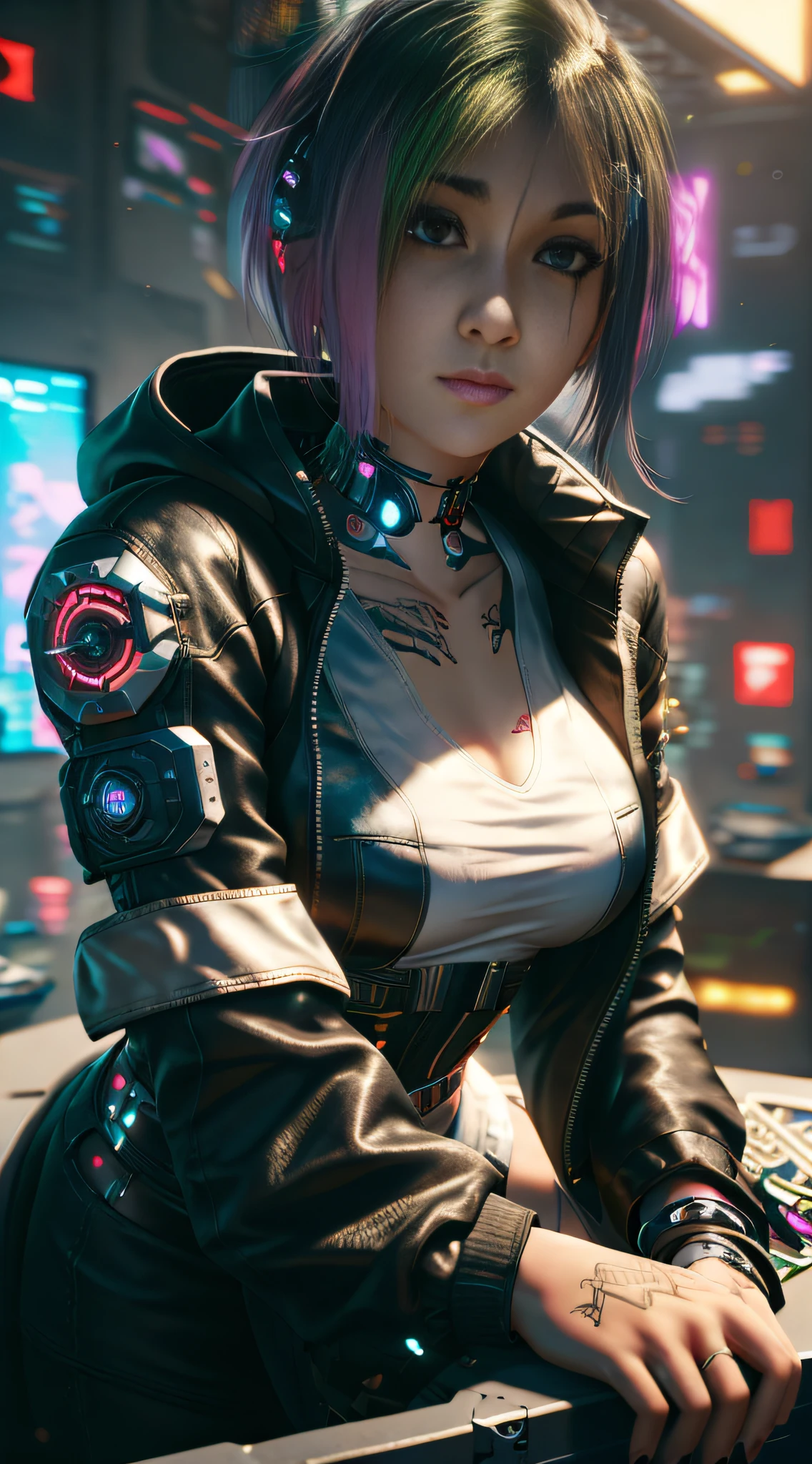 arafed woman in a futuristic outfit sitting on a table, cyberpunk art ultrarealistic 8k, cyberpunk 2 0 y. o model girl, hyper-realistic cyberpunk style, female cyberpunk anime girl, dreamy cyberpunk girl, cyberpunk beautiful girl, cyberpunk anime girl in hoodie, beautiful cyberpunk woman model, oppai cyberpunk, cyberpunk girl, cyberpunk anime girl, cyberpunk woman