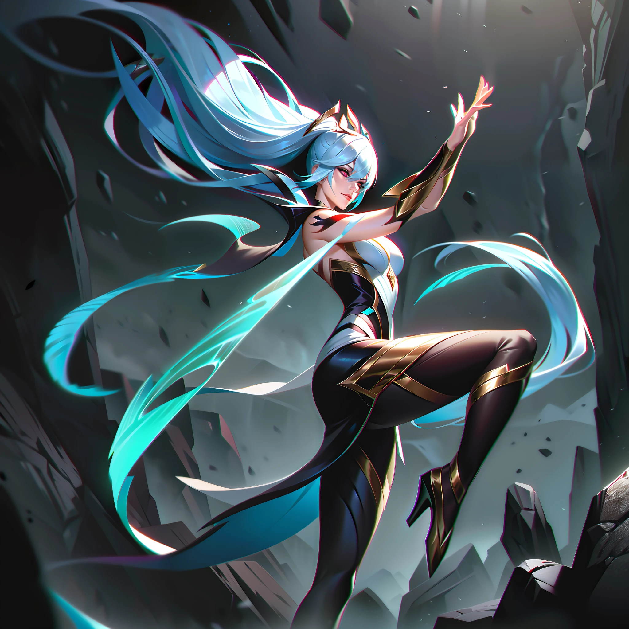 Seraphina, the Blade Dancer, is depicted in her splashart as an agile and lethal warrior, possessing the power to extend the cutting length of bladed weapons and navigate with ease on challenging terrain. The scene is set in a treacherous and rocky mountain range, where jagged cliffs and swirling winds create a perilous environment.

Seraphina is a lithe and graceful champion, her body adorned with intricate tattoos that mirror the patterns of her bladed weapons. Her vibrant, flowing hair matches the color of her weapons, symbolizing her affinity with the blades. She wears a form-fitting, agile armor that provides both protection and  of movement, allowing her to execute her swift and precise attacks.

With a fluid motion, Seraphina extends the length of her bladed weapons, transforming them into deadly, elongated versions. These extended blades emit a radiant and ethereal glow, showcasing their enhanced cutting potential. Seraphina wields them with expertise, her movements a blur of speed and precision as she dances across the difficult terrain.

Her eyes gleam with a focused determination, reflecting her unwavering concentration and mastery of her blade manipulation powers. Her expression is one of fierce intensity, displaying her unwavering resolve in the face of any challenge.

The mountainous backdrop is treacherous and awe-inspiring, with steep cliffs, rocky outcrops, and swirling winds. Seraphina gracefully navigates the terrain, her agile movements defying the gravity that binds others. The rocks crumble and crack beneath her nimble steps, emphasizing her ability to traverse challenging landscapes with ease.

The color palette is dominated by deep blues, earthy browns, and vibrant highlights of silver and white. The contrast between the dark rocks and Seraphina's radiant blades accentuates her presence, splashart, linhas de corpo, cores vibrantes, detalhes requintados, cinematográfico, artstation, rosto detalhado, por rossdraws, por Kienan Lafferty