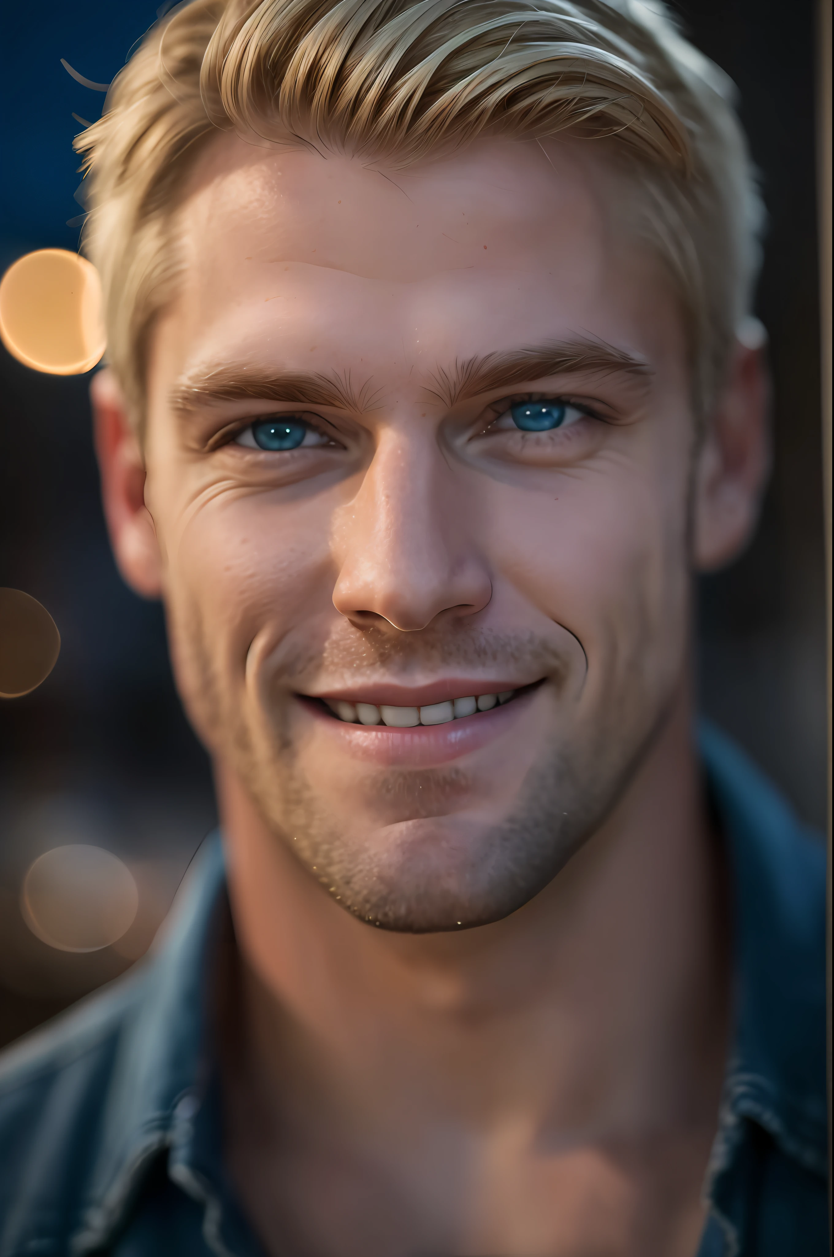 A close up of a man with a blue shirt and a smile - SeaArt AI