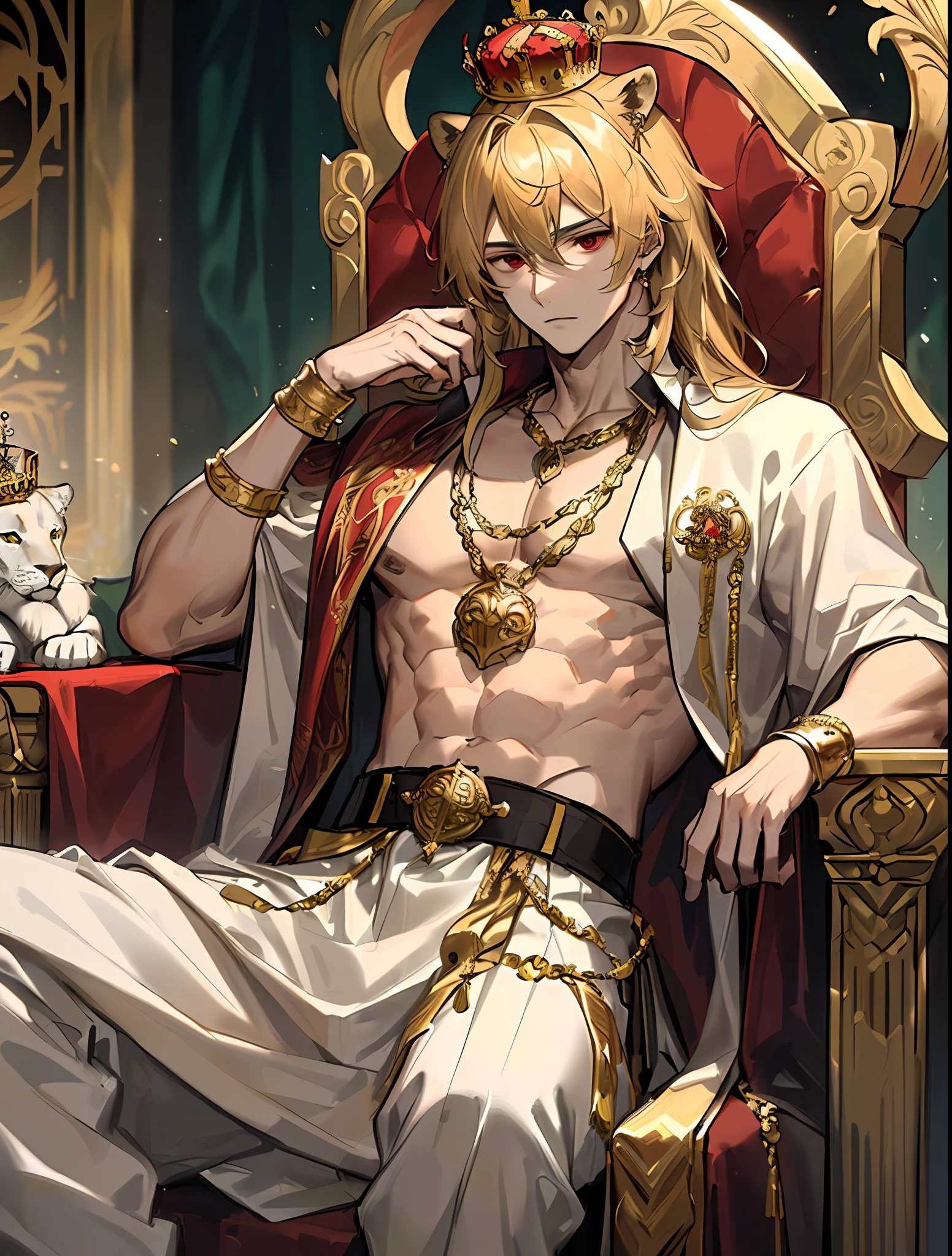 Young man with a crown on his head, kingly air, sitting on a throne with a lion lying at his feet, ornate ornaments, chest muscles, red eyes, blond hair