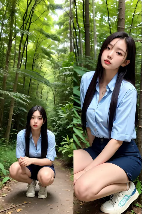 (Best Quality, Masterpiece: 1.2), Woman, Portrait, Translucent Open Collar Blue Shirt (Chestless), (Tong), Mullet Head, Long Black Hair, Brown Eyes, Hips, Sneakers, Squat, Full Body, Outdoor, In the Woods