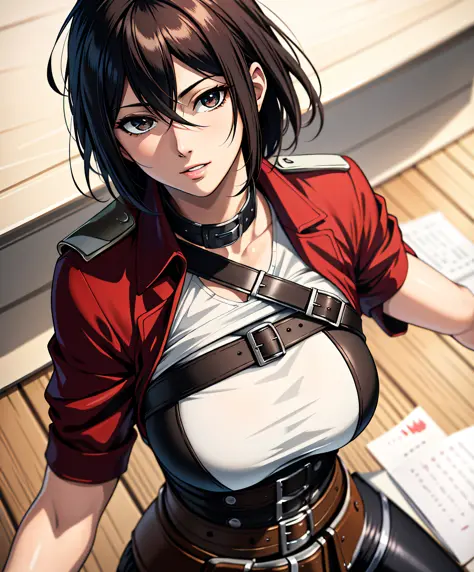 (masterpiece:1.2, best quality), photorealistic, (hyperrealistic:1.2), beautiful, mikasa from aot