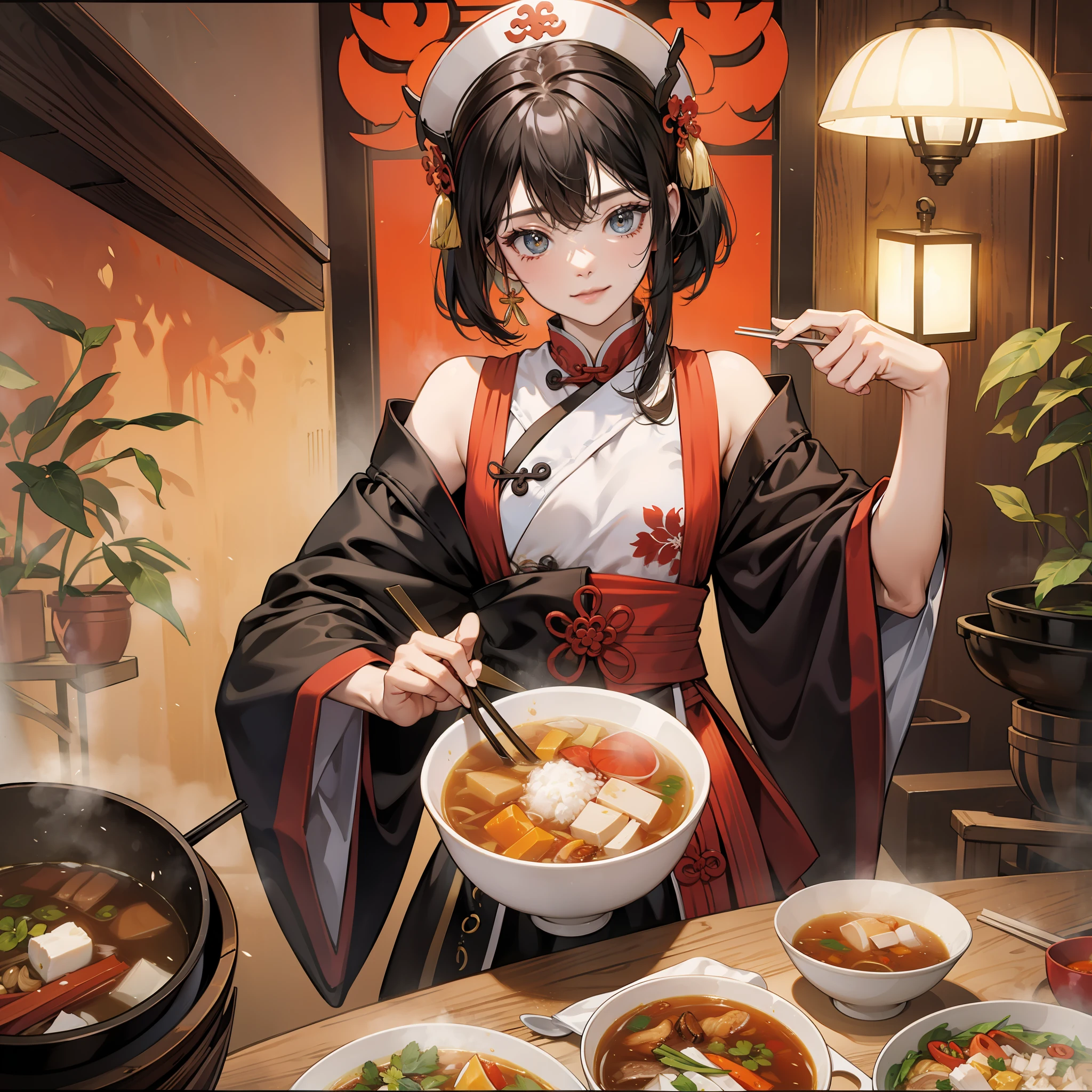 Anime girl in kimono outfit eating a bowl of soup - SeaArt AI