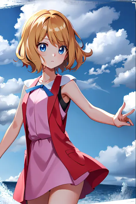 masterpiece, best quality, highres, serena \(pokemon\), short hair, blue eyes, 1girl, solo, blue ribbon, eyelashes, neck ribbon,...