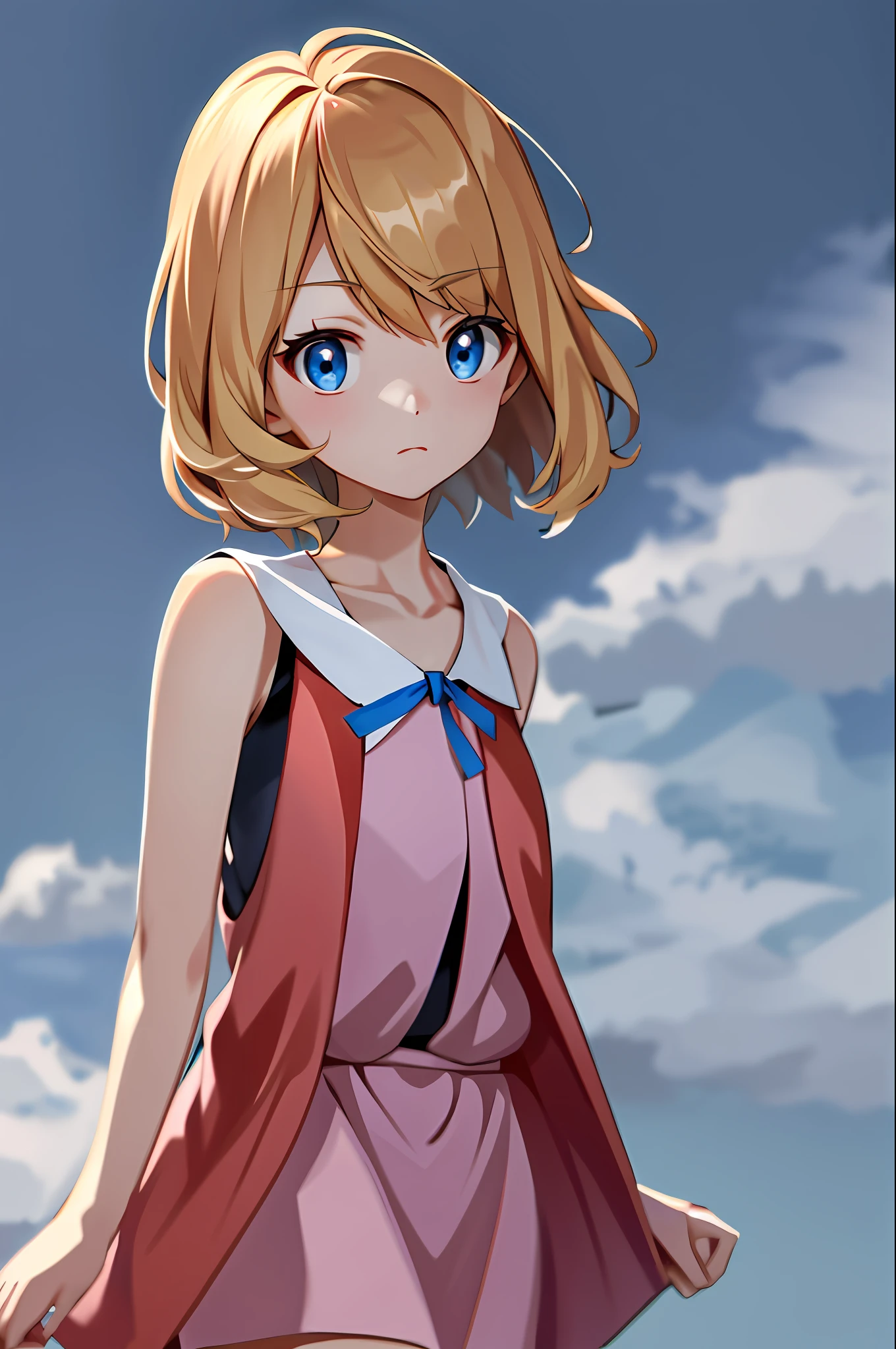 masterpiece, best quality, highres, serena \(pokemon\), short hair, blue eyes, 1girl, solo, blue ribbon, eyelashes, neck ribbon, sleeveless, bangs, collarbone, bare arms, pink dress , red coat, white background, front, no scenery, looking at the viewer,upper body, facing viewer, solid color background, clean background, facing the camera, high resolution, expressionless calm face, white back ground, looking away