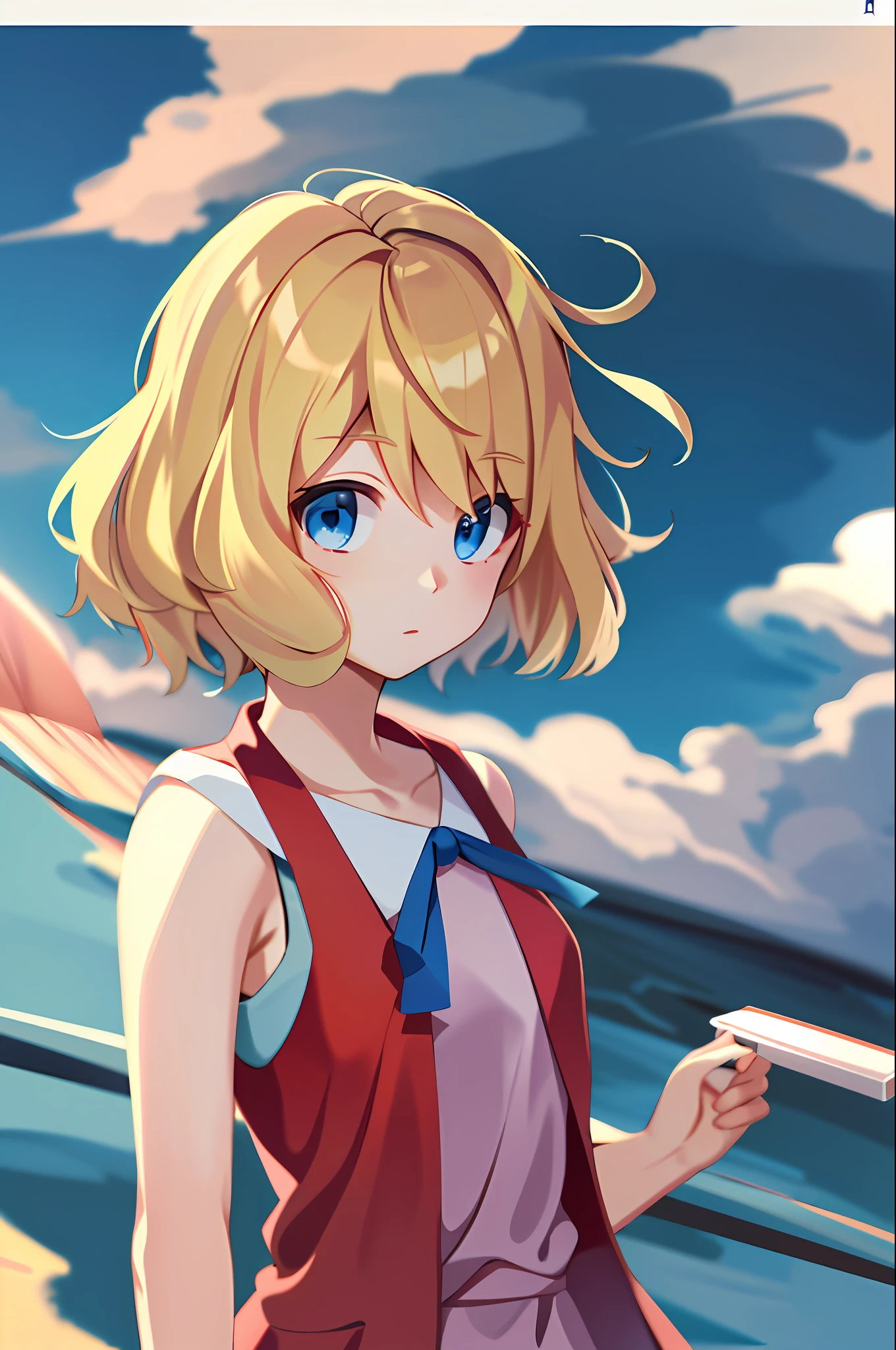 masterpiece, best quality, highres, serena \(pokemon\), short hair, blue eyes, 1girl, solo, blue ribbon, eyelashes, neck ribbon, sleeveless, bangs, collarbone, bare arms, pink dress , red coat, white background, front, no scenery, looking at the viewer,upper body, facing viewer, solid color background, clean background, facing the camera, high resolution, expressionless calm face, white back ground, looking away, clonion,  blonde,