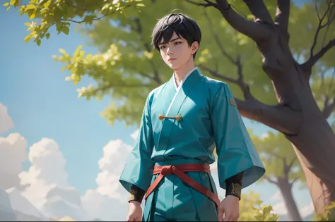 Boy, 16 years old boy, standing outside, decadent, ridiculed, cyan clothes, ancient costume, martial arts uniform, black hair, super short hair, 4K, HD, many details, ancient martial arts style, Chinese martial arts. The boy was pointed at by a lot of peop...