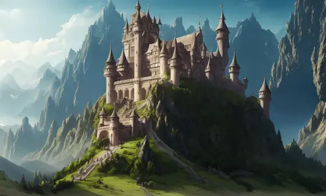 there is a picture of a castle in the middle of a mountain, fantasyconcept art, stunning! concept art, stunning concept art, medieval concept art, high quality concept art, concept art world, dota matte painting concept art, concept world art, beautiful co...