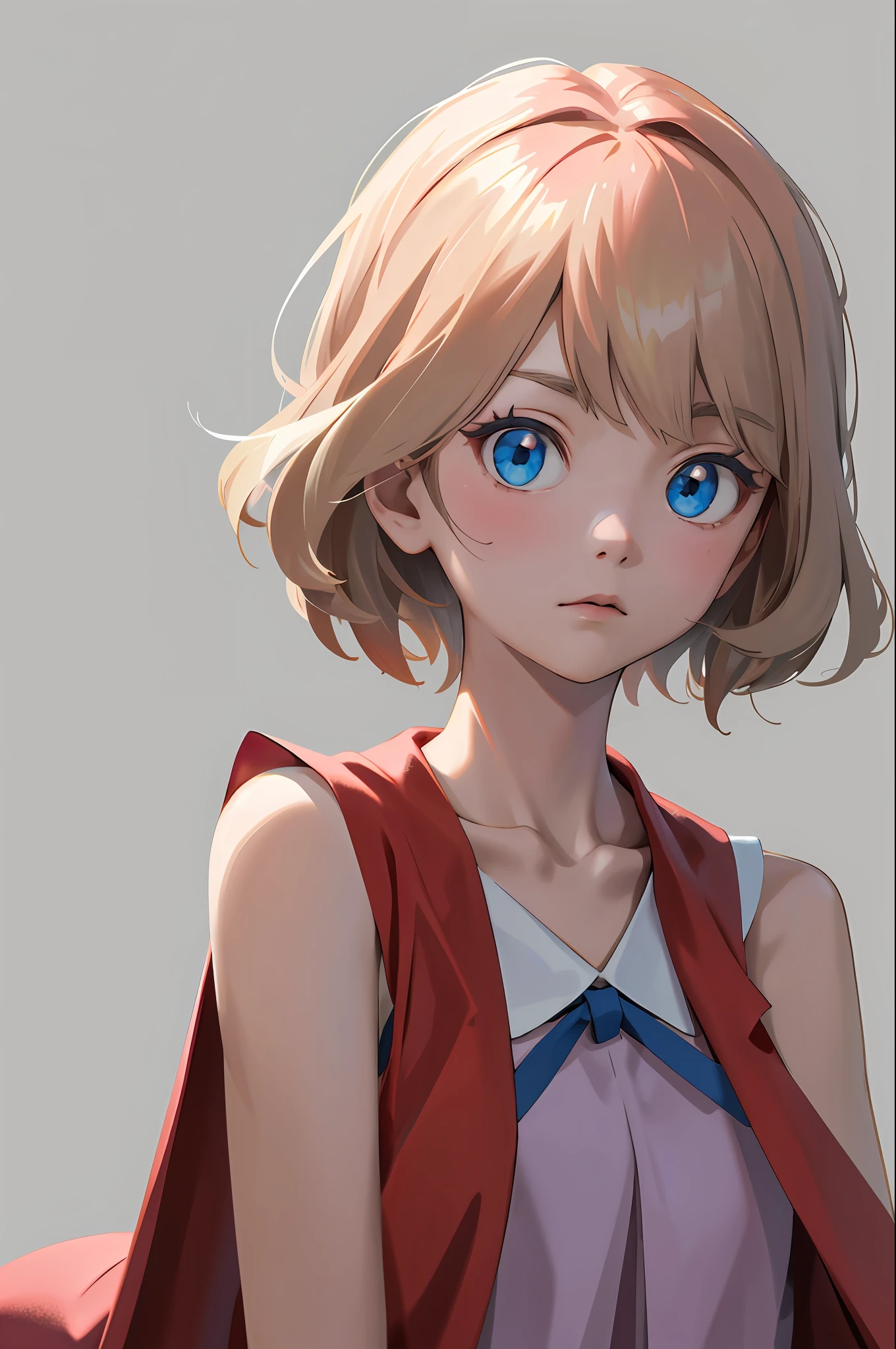 masterpiece, best quality, highres, serena \(pokemon\), short hair, blue eyes, 1girl, solo, blue ribbon, eyelashes, neck ribbon, sleeveless, bangs, collarbone, bare arms, pink dress , red coat, white background, front, no scenery, looking at the viewer,upper body, facing viewer, solid color background, clean background, facing the camera, high resolution, expressionless calm face, white back ground, looking away, simple_background