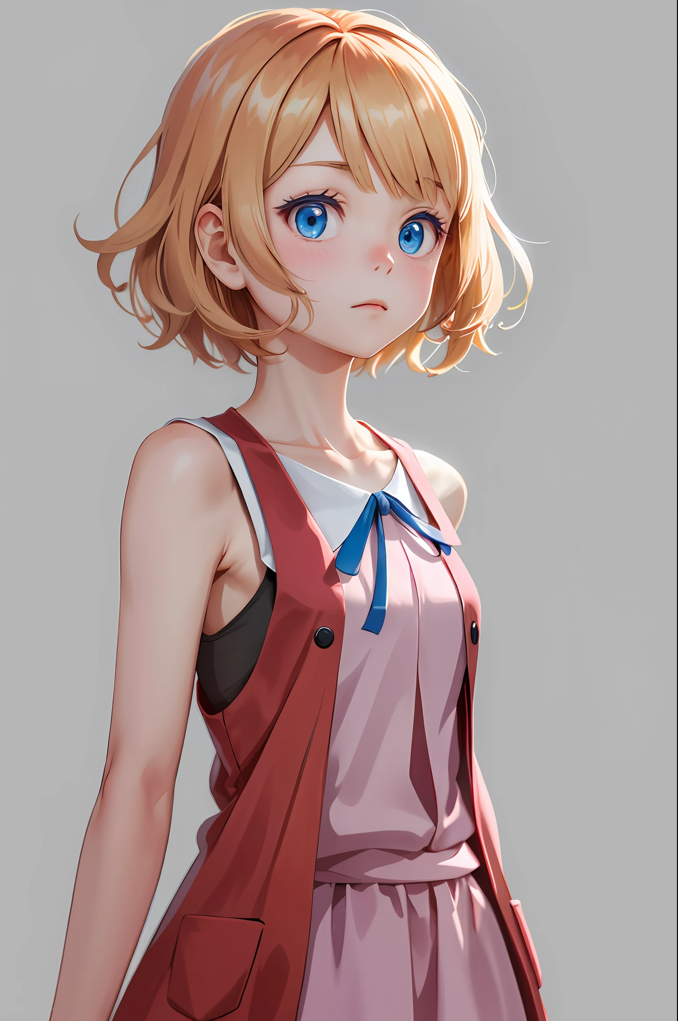 masterpiece, best quality, highres, serena \(pokemon\), short hair, blue eyes, 1girl, solo, blue ribbon, eyelashes, neck ribbon, sleeveless, bangs, collarbone, bare arms, pink dress , red coat, white background, front, no scenery, looking at the viewer,upper body, facing viewer, solid color background, clean background, facing the camera, high resolution, expressionless calm face, white back ground, looking away, simple_background