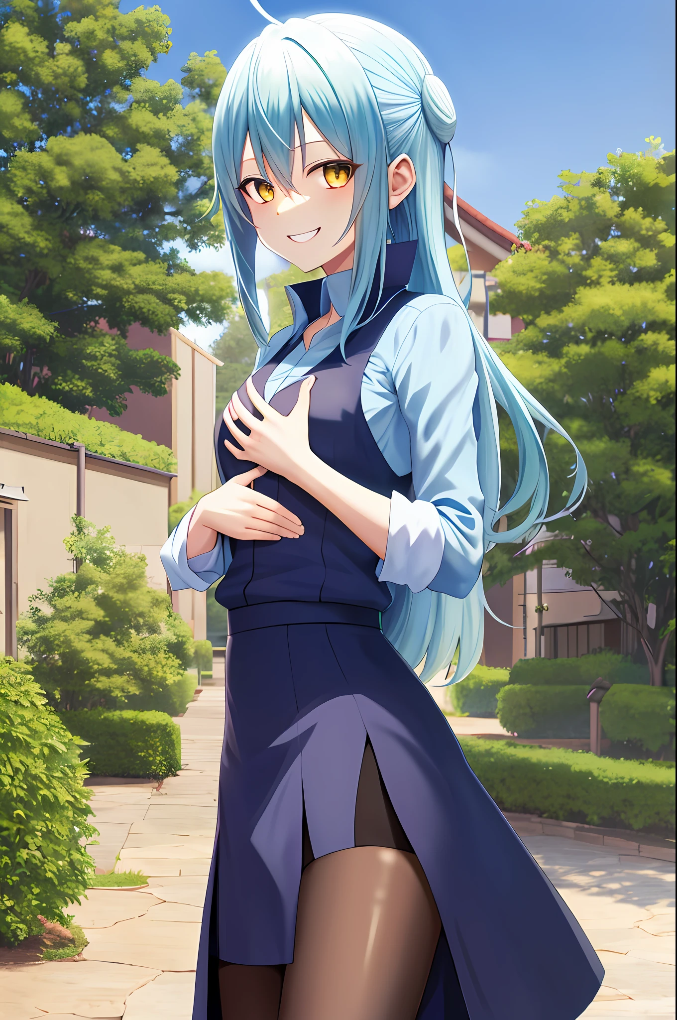 Anime girl with blue hair and blue dress posing in front of a house -  SeaArt AI