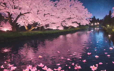 (highest quality, masterpiece), (starry sky at night, river in the back, huge old trees in the back, glowing pink petals in the ...