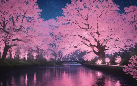 (highest quality, masterpiece), (starry sky at night, river in the back, huge old trees in the back, glowing pink petals in the ...