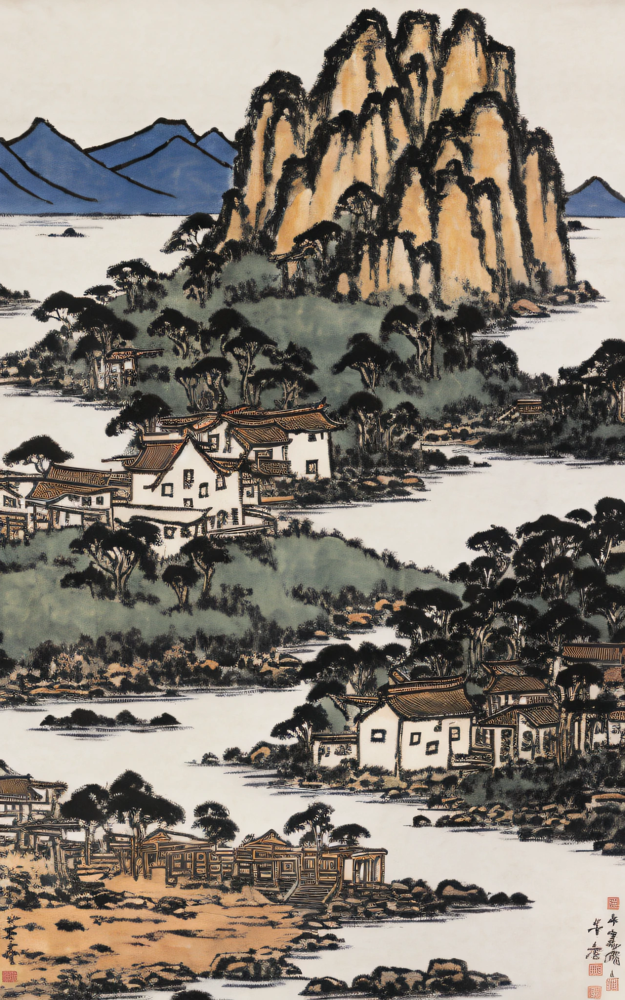 painting of a cabin in a valley with a river running through it, by Gigadō Ashiyuki, by Tōshi Yoshida, by Unkoku Togan, by Gusukuma Seihō, inspired by Katsushika Ōi, by Chizuko Yoshida, by Ryūsei Kishida