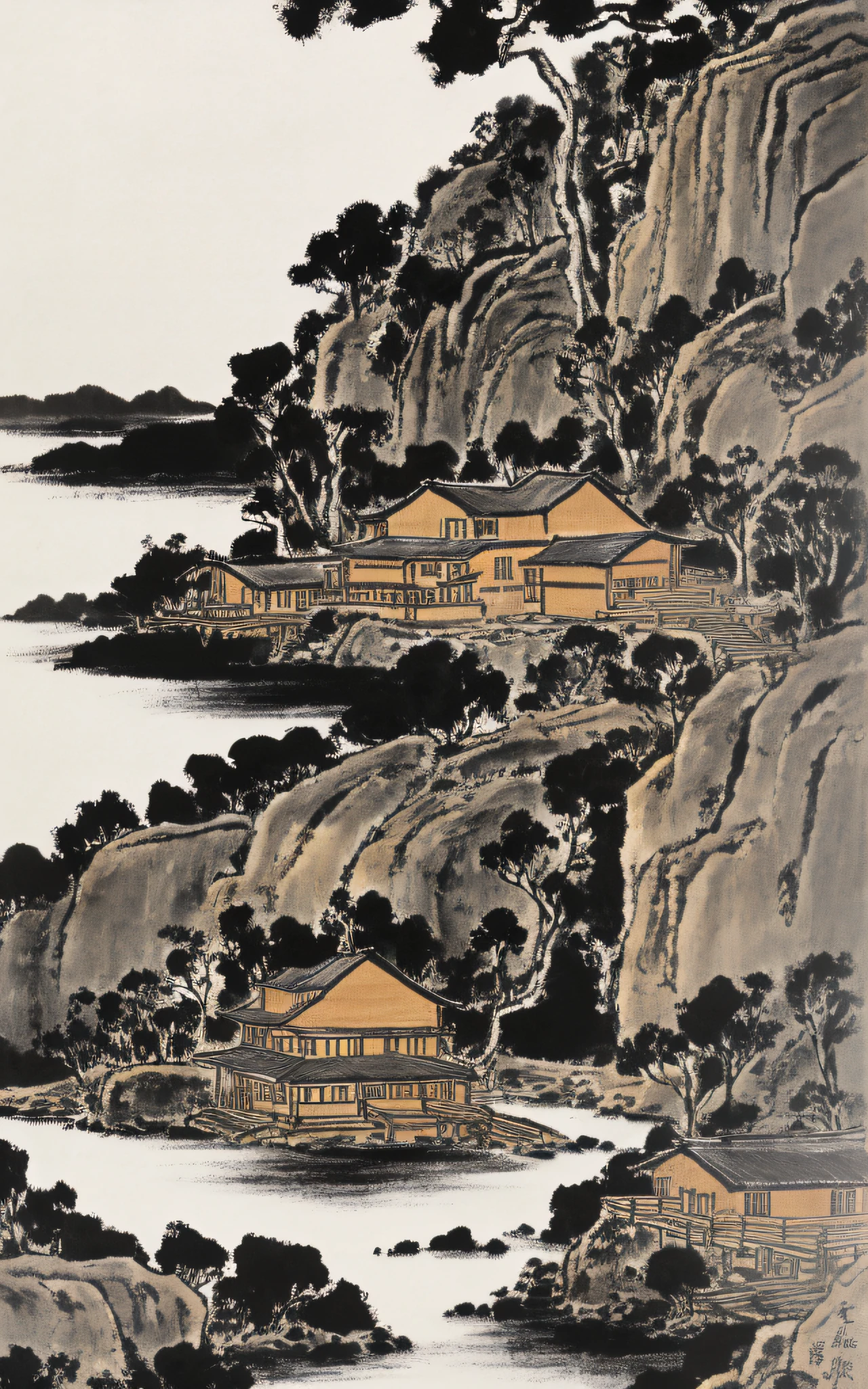 painting of a cabin in a valley with a river running through it, by Gigadō Ashiyuki, by Tōshi Yoshida, by Unkoku Togan, by Gusukuma Seihō, inspired by Katsushika Ōi, by Chizuko Yoshida, by Ryūsei Kishida