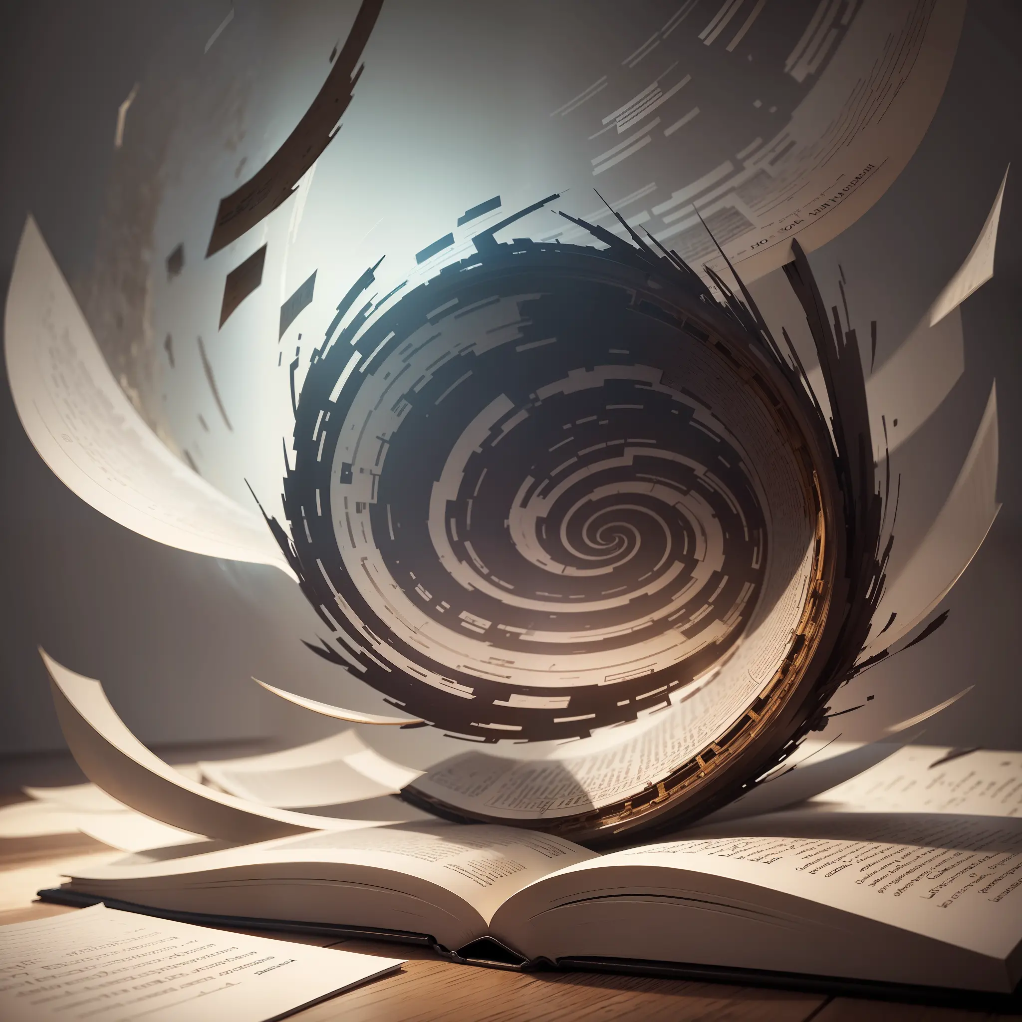 an open book sitting on a table with a storm tornado whirlwind of letters coming out of it, photorealistic, cinematic
