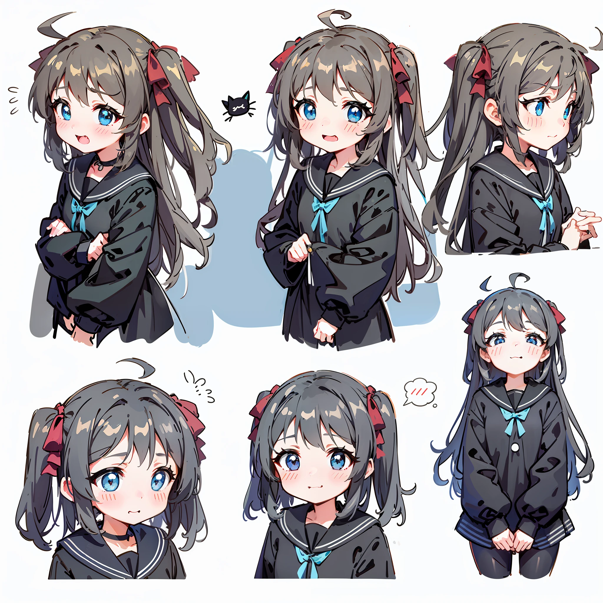 Cute black kitten, various expressions, happy, sad, angry, expectant laughter, disappointed 1, cute eyes, white background, illustration-nii 5-style cute, emoji as illustration set, with boold manga line style, dynamic pose dark white, f/64 group, related people, Old Meme kernel