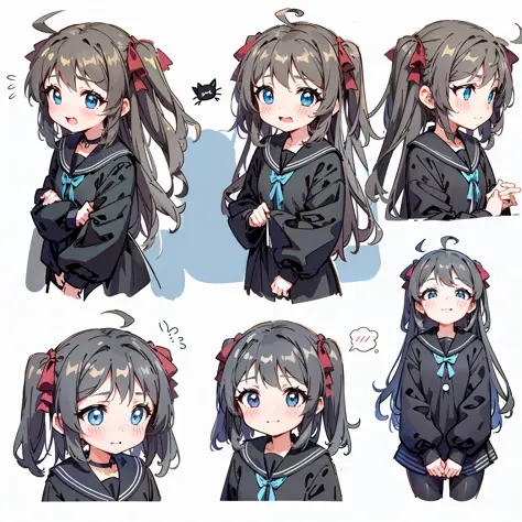 Cute black kitten, various expressions, happy, sad, angry, expectant laughter, disappointed 1, cute eyes, white background, illustration-nii 5-style cute, emoji as illustration set, with boold manga line style, dynamic pose dark white, f/64 group, related ...