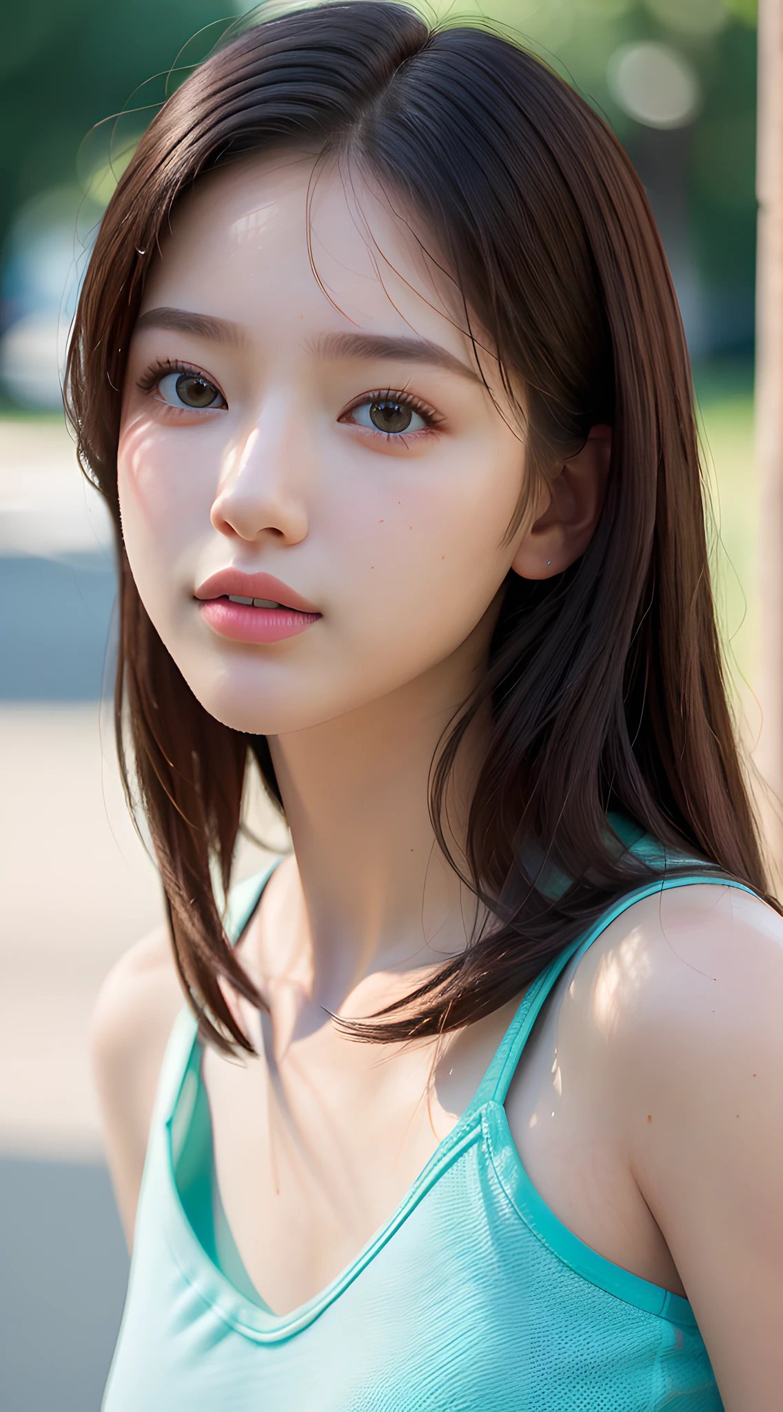 (masterpiece, best quality, pretty girl, beautiful face, 8k, raw photo, 85mm, absurdres, upper body:1.4), light pink camisole, side shot, looking at viewer, high school student, teen, slender, small head, medium breasts, street, facelight, (dynamic lighting, dramatic lighting and shadow, cinematic lighting:1.3), sunlight, no makeup, natural, film grain, chromatic aberration, high contrast, photorealistic, depth of field, highres, ultra detailed, finely detail, sharp focus, detailed skin and eyes and face