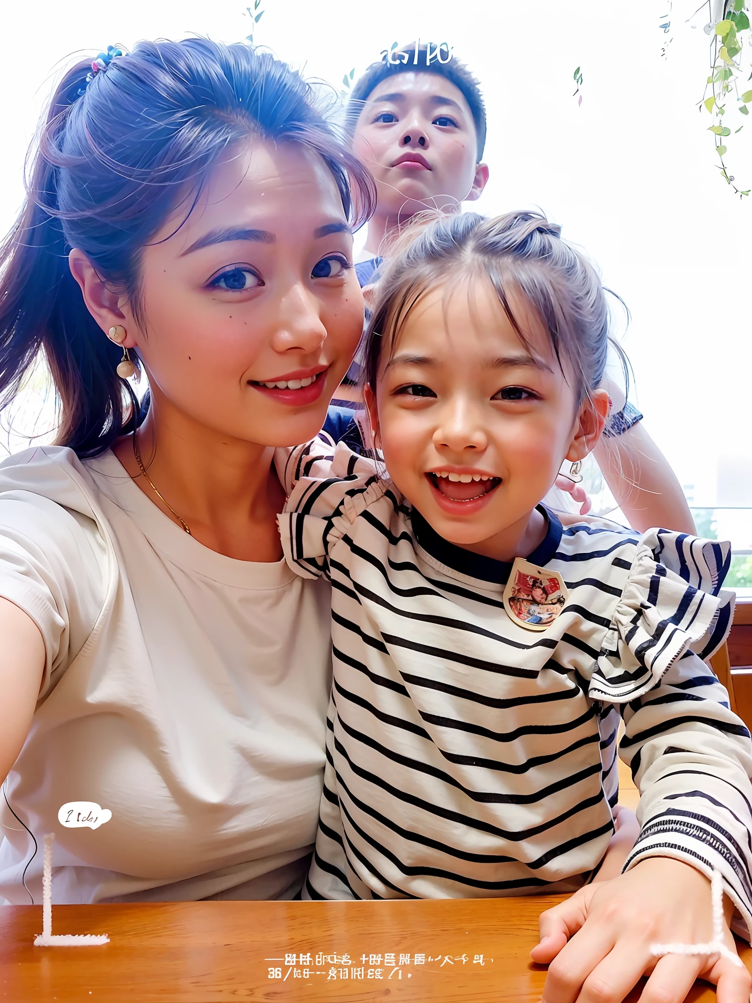 there is a woman and a child sitting at a table, family, with a kid, li zixin, lulu chen, 30 years old woman, 3 0 years old woman, 3 2 years old, ruan jia beautiful!, 3 6 years old, 2 9 years old, gemma chen, 38 years old, yan, miko, 2 7 years old, happy