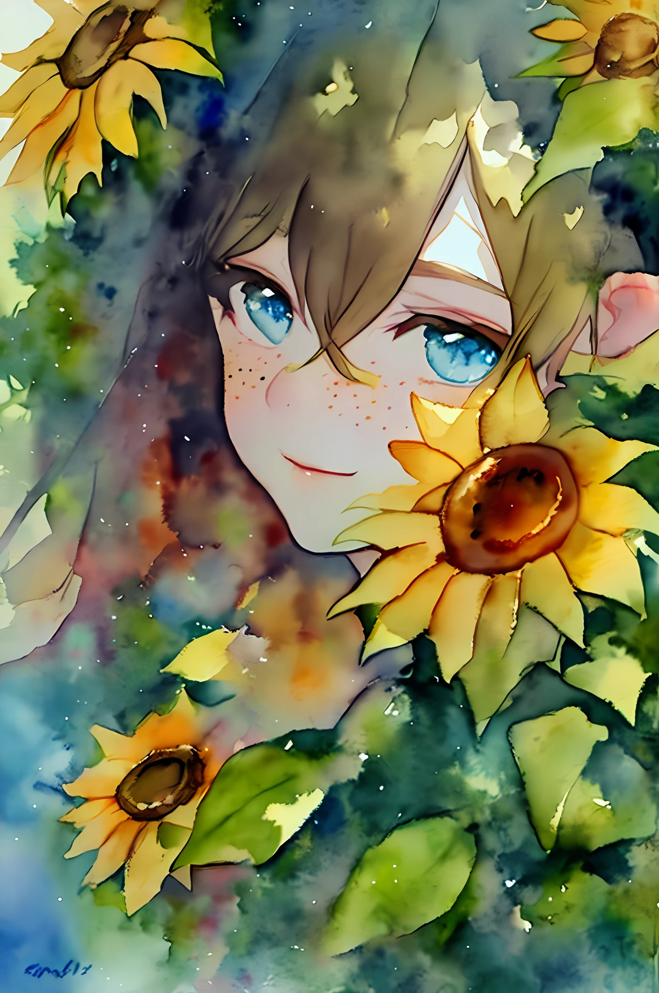 (watercolor:1.2),1girl,elf, solo, flower, sunflower,freckles, portrait, leaf, bangs, signature, yellow flower, brown hair, long hair, green eyes, hair between eyes, flower earrings, surrounded by flowers, (Sharp focus:1.2)