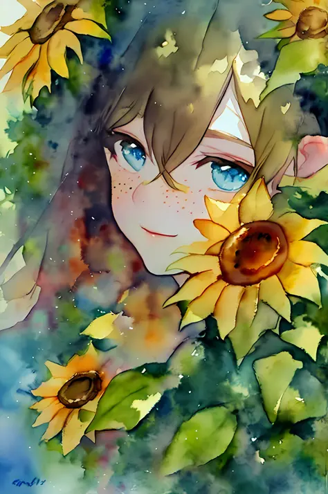 (watercolor:1.2),1girl,elf, solo, flower, sunflower,freckles, portrait, leaf, bangs, signature, yellow flower, brown hair, long ...