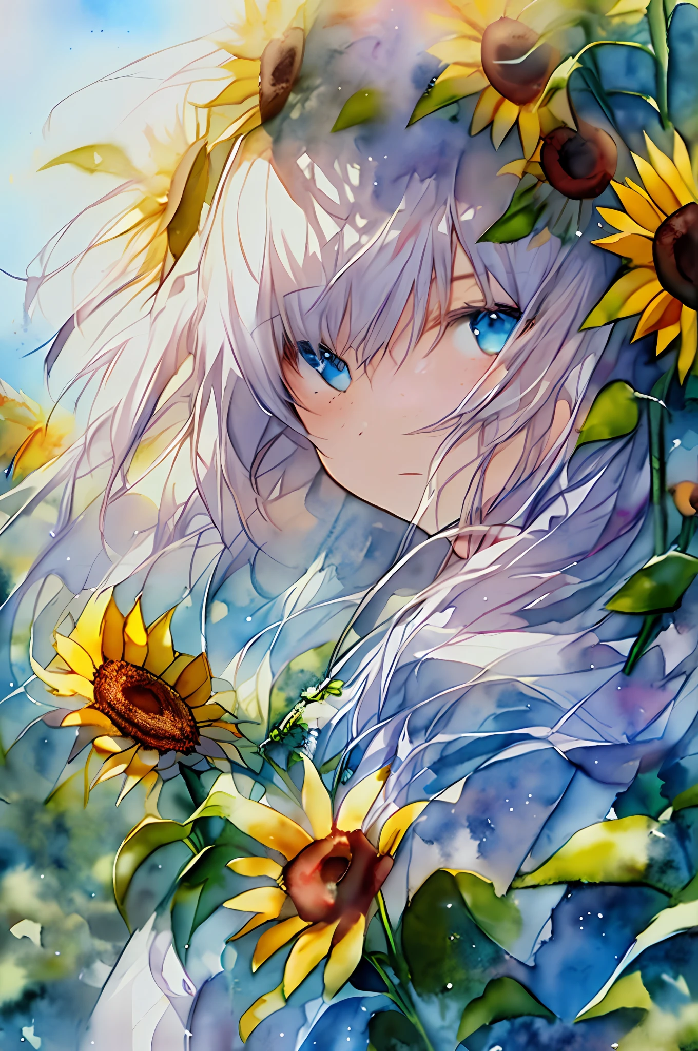 (watercolor:1.2),sharp focus:1.2,highest quality Len's,long hair,bang,1girl, solo, flower, sunflower,freckles, portrait, leaf, bangs, signature,blue eyes, surrounded by blue flowers,close up shot, beautiful,highest quality digital art, Stunning art, wallpaper 4k,8k,64k, HD, unparalleled masterpiece, dynamic lighting, cinematic, epic