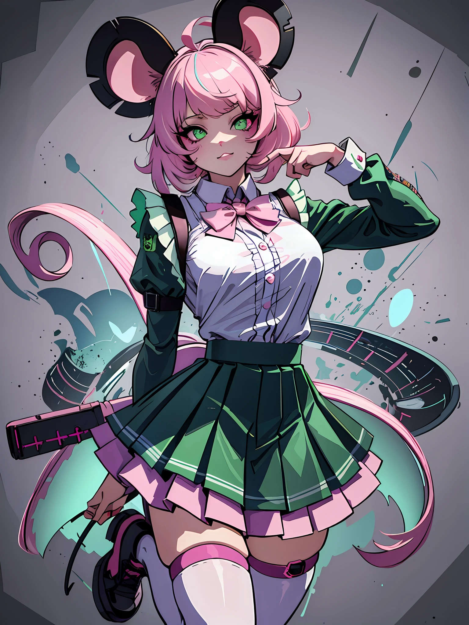 (best quality, ultra-detailed), solo, 1girl, white gothic school girl, with (big mouse ears) hoodie, (mouse tail, rat, school uniform), pleated skirt, punk collar, dark vibes, scary, butterflies, looking at viewer,masterpiece, ultra-detailed,traditional background, plain pattern background, cute, ankle boots with platform ((Color palette: white and pink, toxic green details)) volumetric lighting, 3d, highest quality, 4k, beautiful, detailed background