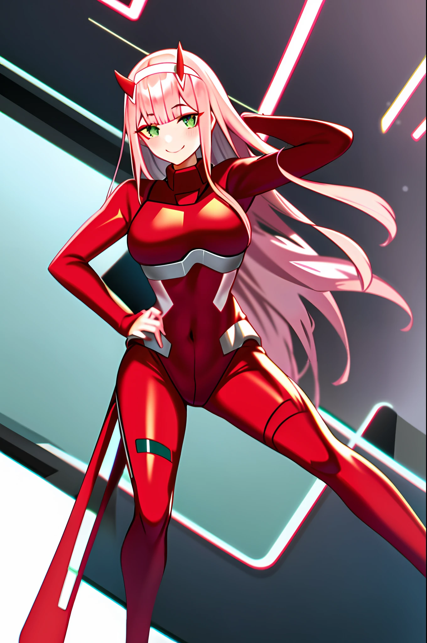 zero two \(darling in the franxx\), darling in the franxx, 1girl, bangs, blush, covered navel, eyeshadow, green eyes, hair behind head, hand on hip, horns, smile, long hair, looking at viewer, makeup, medium breasts, pilot suit, (red suit), pink hair, red eyeshadow, science fiction, skin tight, solo