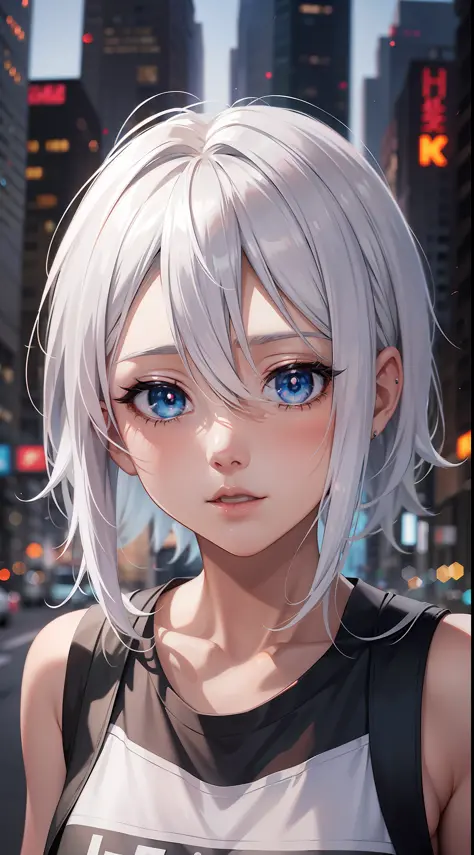 Anime girl with white hair and blue eyes in the city, seductive anime girl, T-shirt, perfect girl with white hair, girl with white hair, detailed digital anime art, beautiful anime girl, anime style 4 K, anime art wallpaper 8 K, beautiful and attractive an...