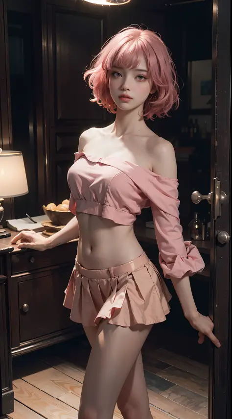 Best Quality, Masterpiece, Ultra High Resolution, (Realisticity: 1.4), Original Photo, 1girl, Off-the-Shoulder, Cinematic Lighting, full body, short hair, bangs, parted bangs, pink hair, accurate anatomy, stomach, short skirt,